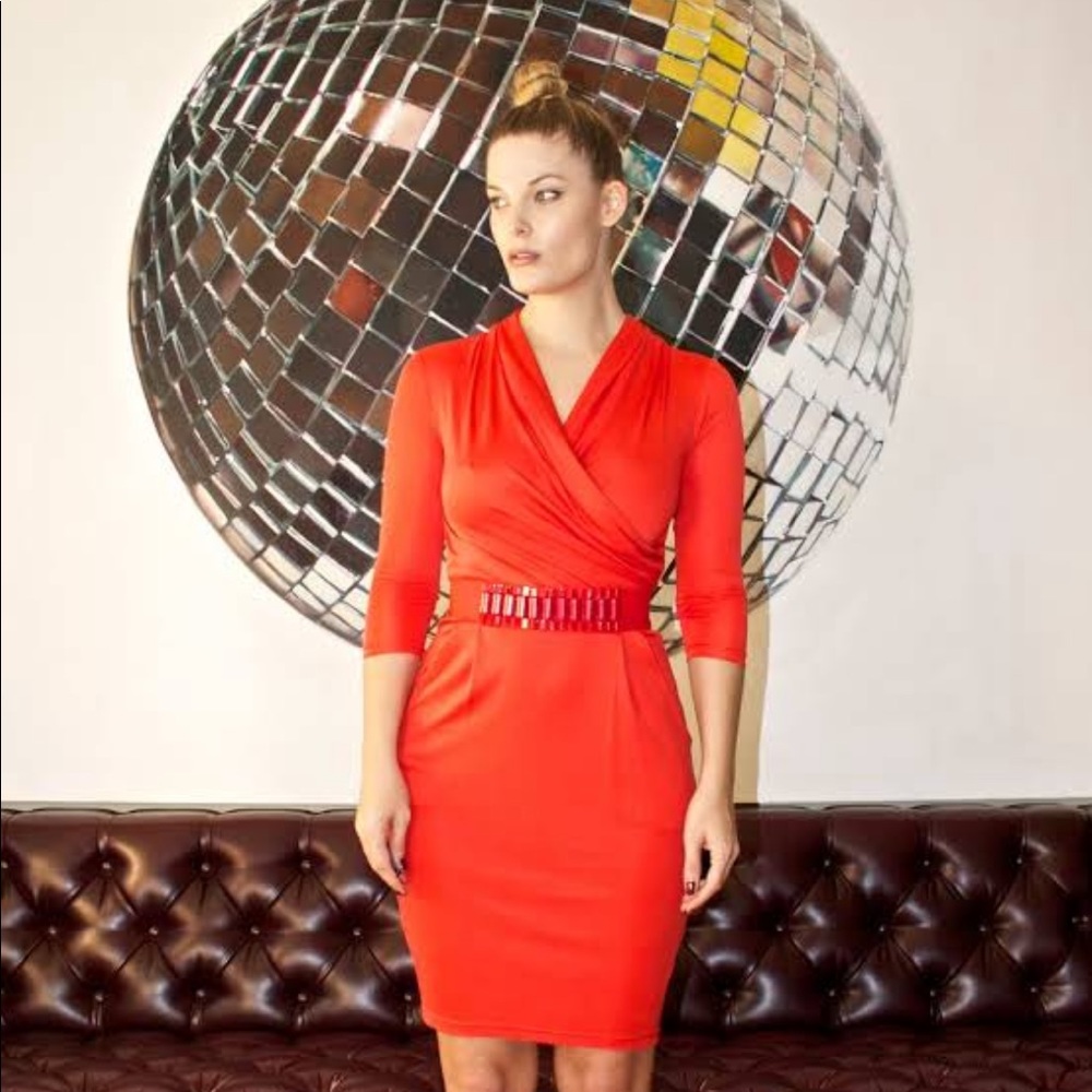 Cynthia Steffe Red Belted Pockets Wiggle Dress S